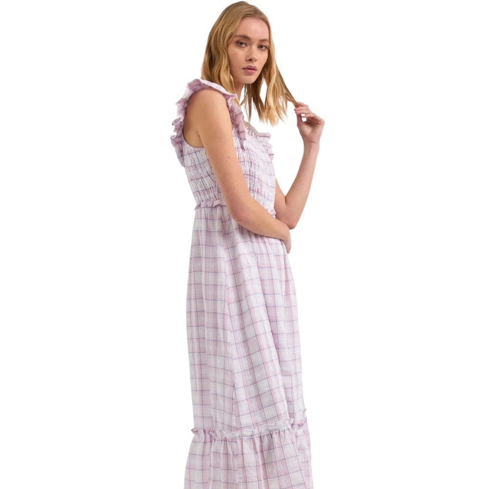Smocked linen type gingham plaid dress